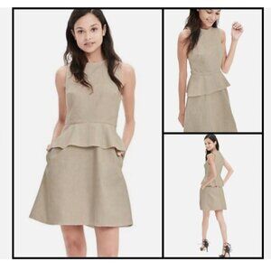 Banana Republic Dress LINEN BLEND short Peplum Sz 0 Sleeveless Beige w/Pockets